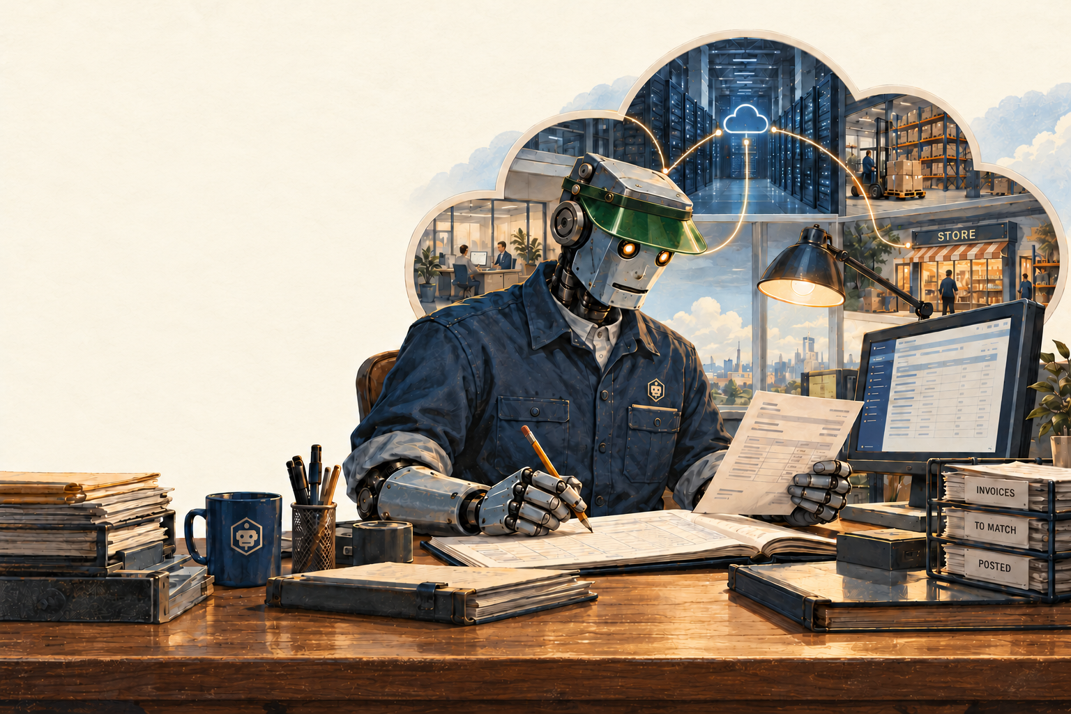 A hardworking accounting robot in a blue work shirt and green eyeshade, checking an invoice at a workbench connected to offices, warehouses, stores and the cloud.